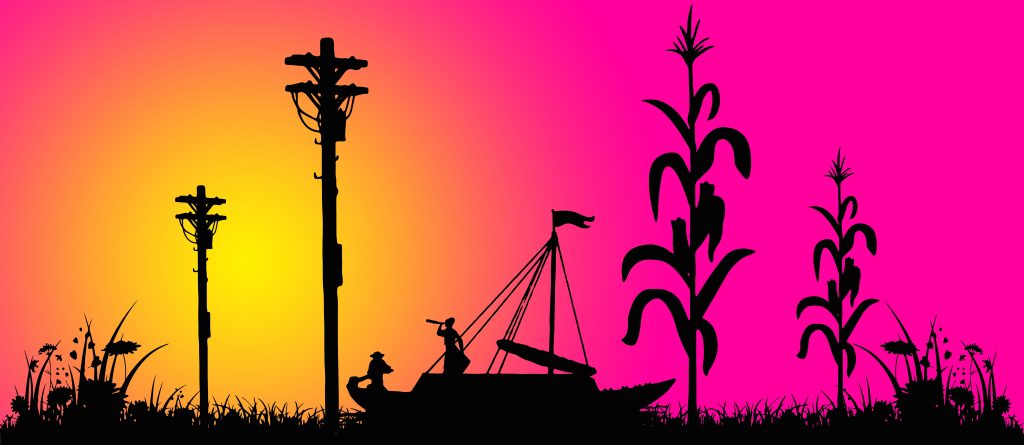 silhouette of corn, telephone poles, weeds and a keelboat