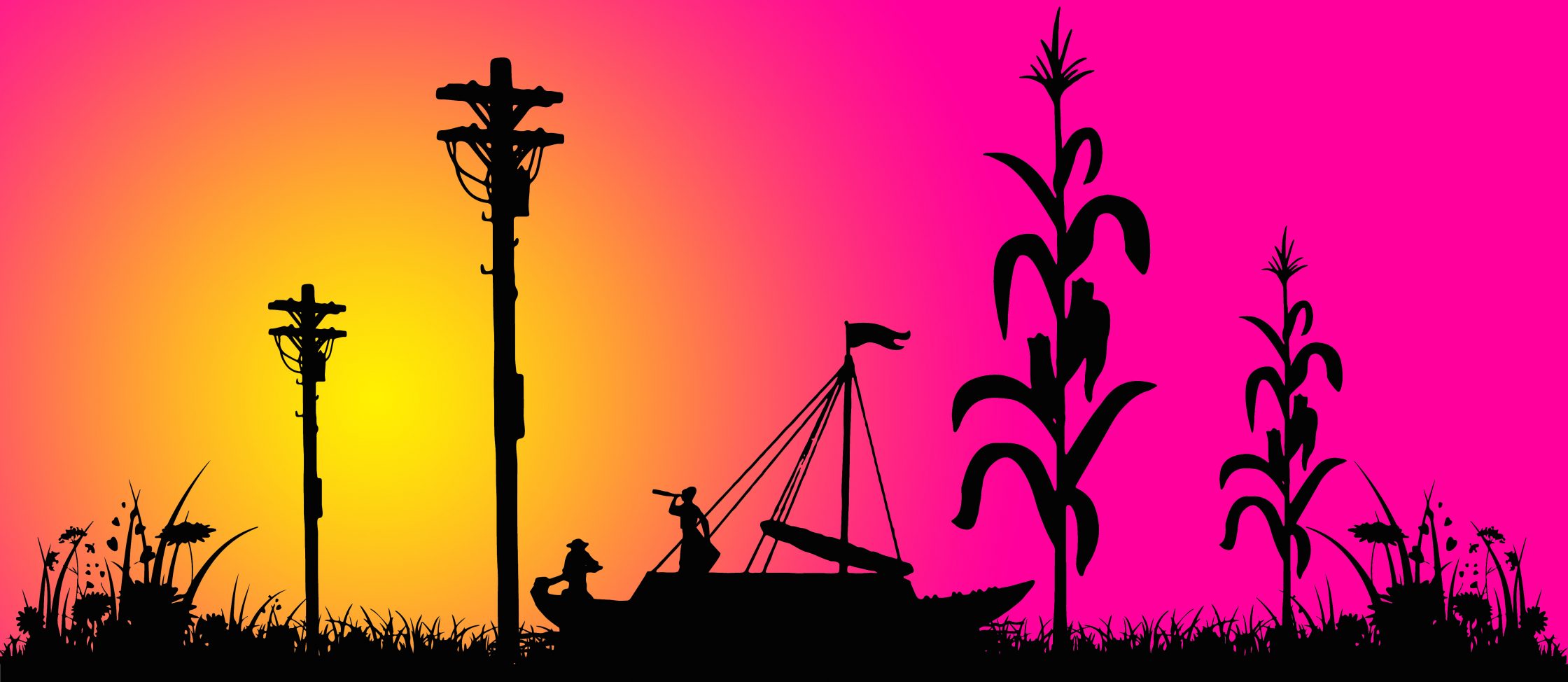 silhouette of corn, telephone poles, weeds and a keelboat
